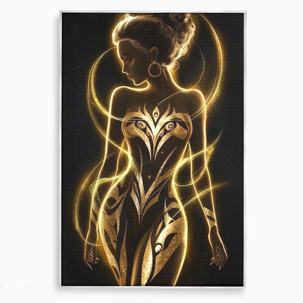 Tablou canvas cu tablou canvas cu silueta feminina aurie, in rama de aluminiu argintiu