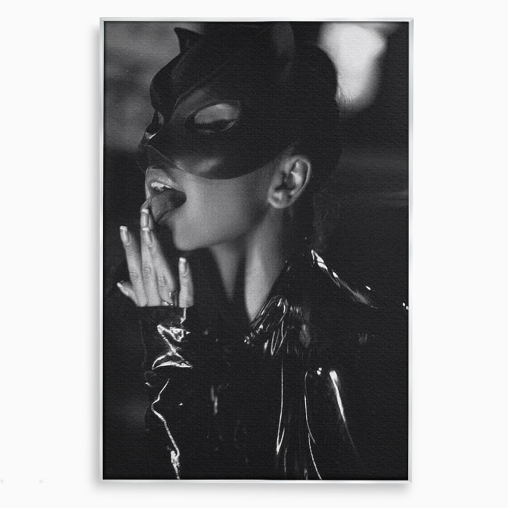 Tablou canvas cu tablou canvas cu femeie in costum de pisica, in rama de aluminiu argintiu