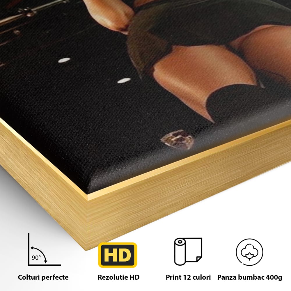 Detaliu al suprafetei: tablou canvas cu femeie pe masina, in rama de aluminiu auriu