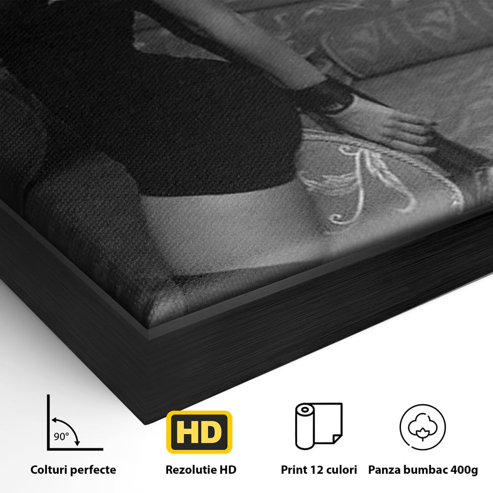 Detaliu al suprafetei: tablou canvas cu femeie mascata, in rama de aluminiu negru