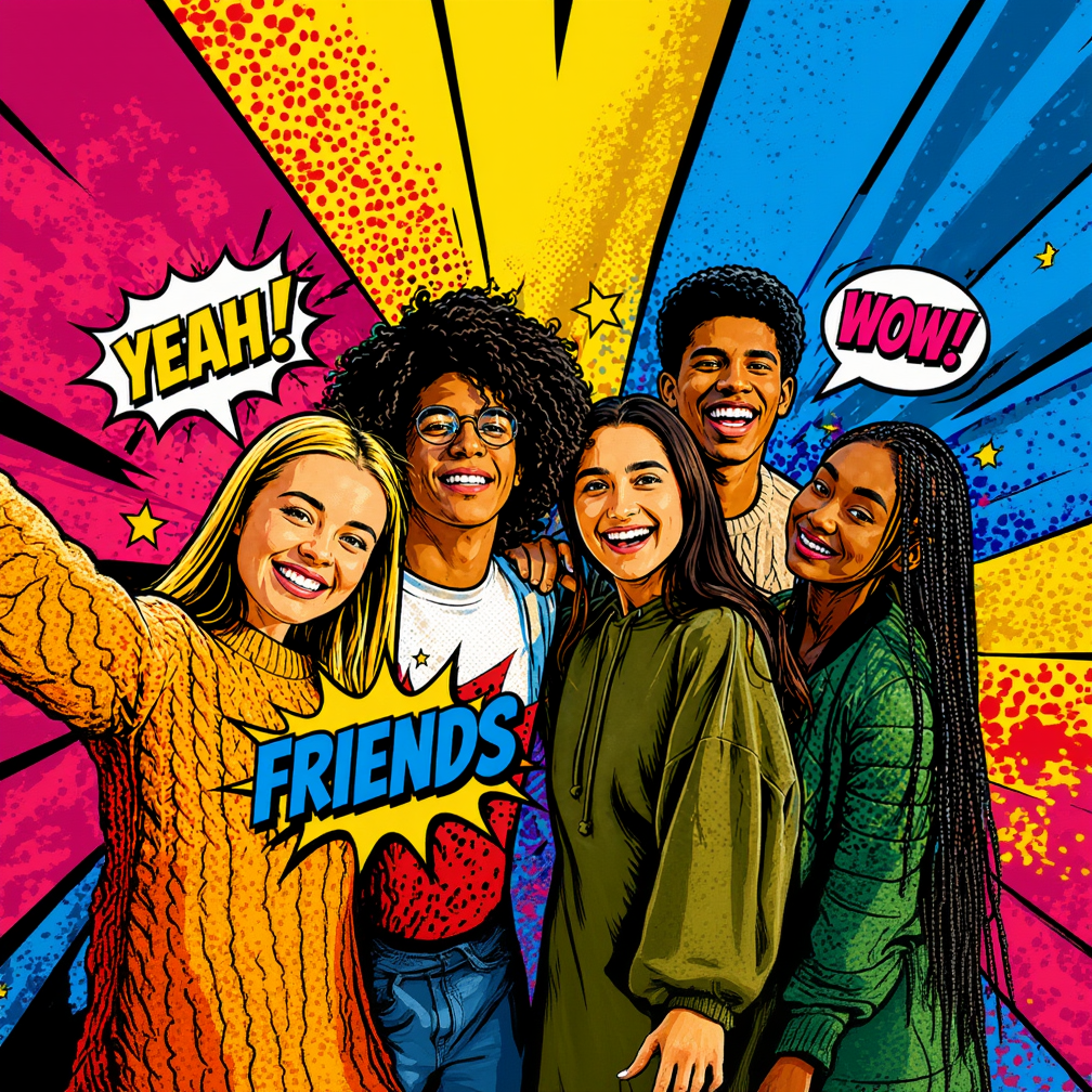 Tablou canvas cu ilustratie digitala pop art cu tineri zambitori