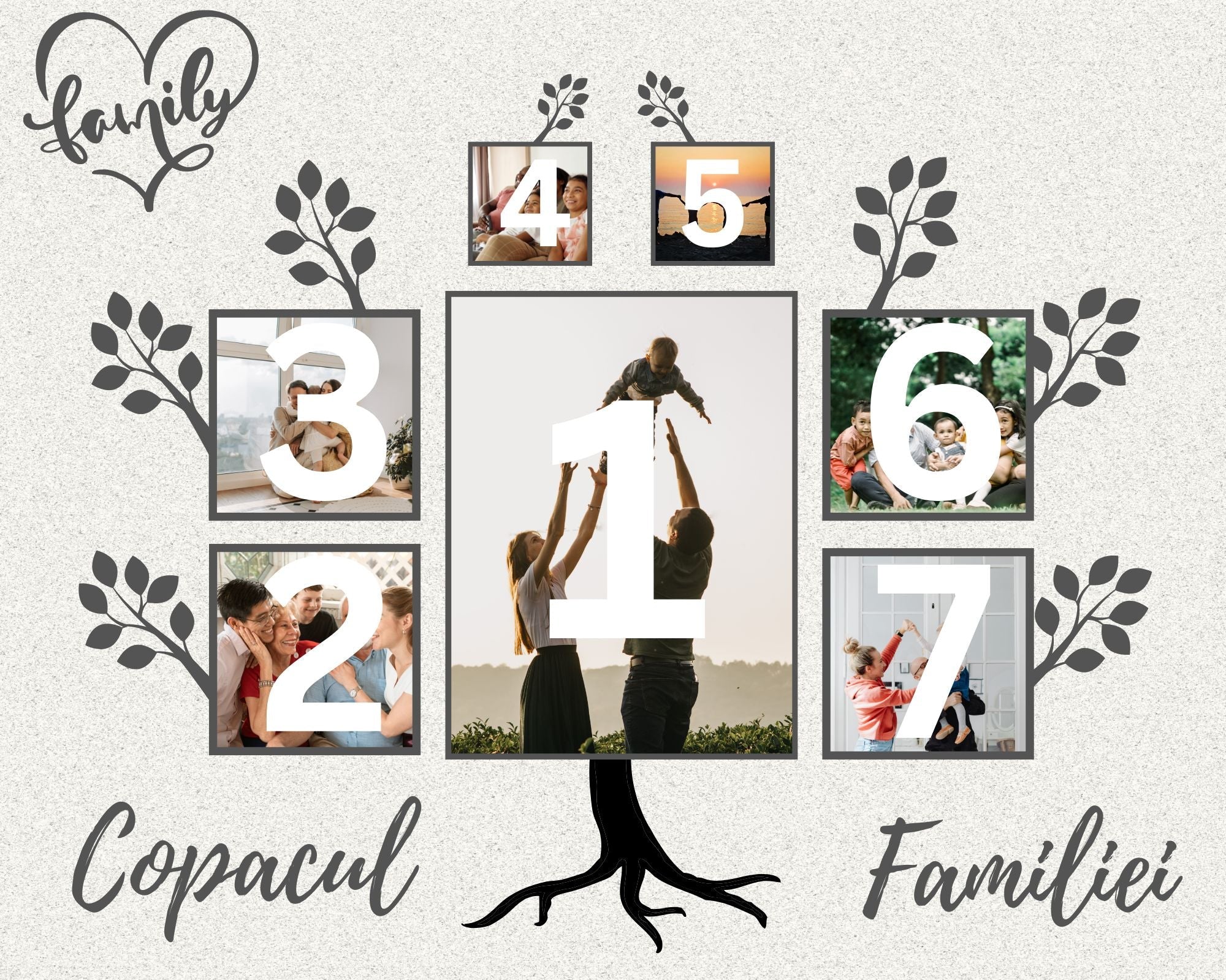 Tablou Canvas cu Arbore Genealogic si Fotografii, Gri si Alb, PS113