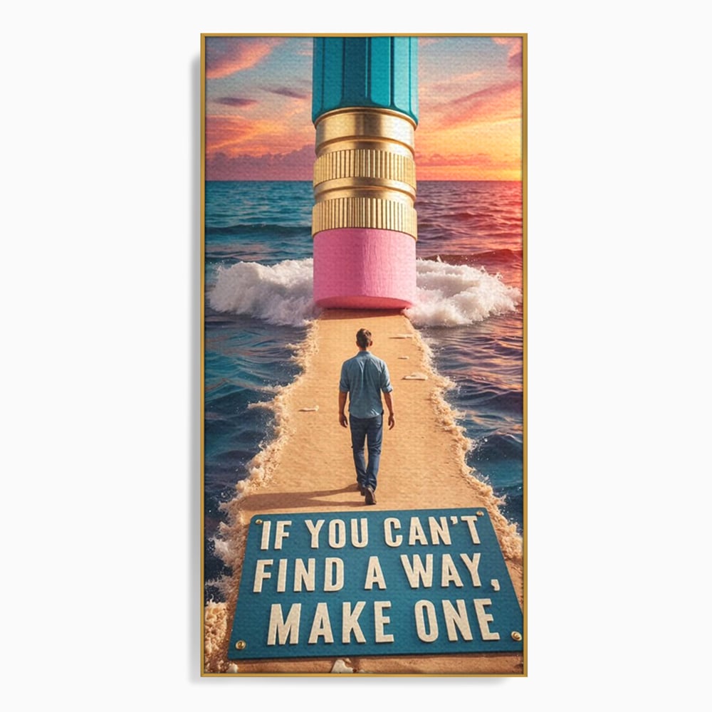 Tablou canvas cu ilustratie motivatioanala cu barbat pe carare, in rama de aluminiu auriu
