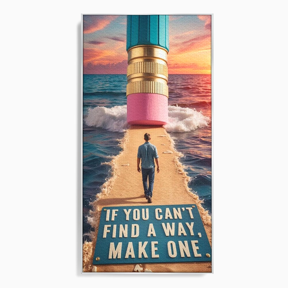 Tablou canvas cu ilustratie motivatioanala cu barbat pe carare, in rama de aluminiu argintiu