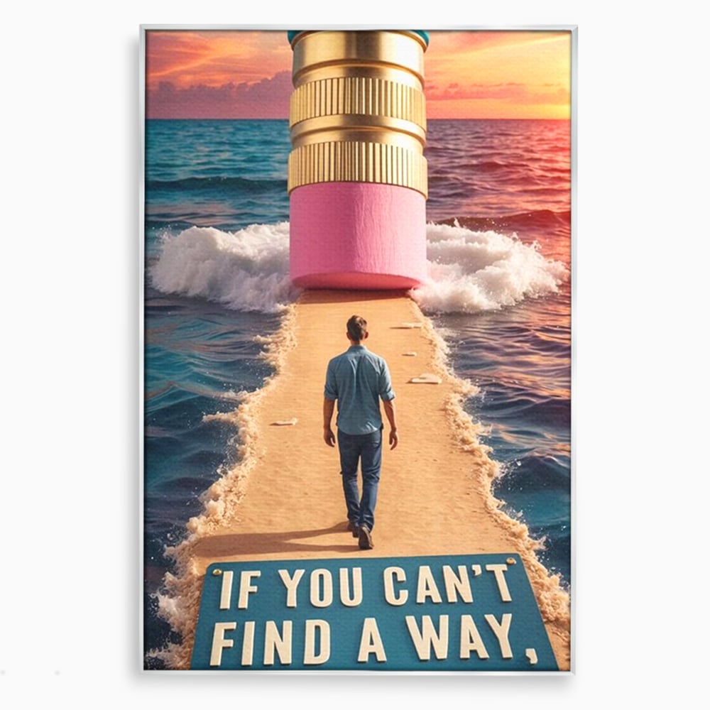 Tablou canvas cu ilustratie motivatioanala cu barbat pe carare, in rama de aluminiu argintiu