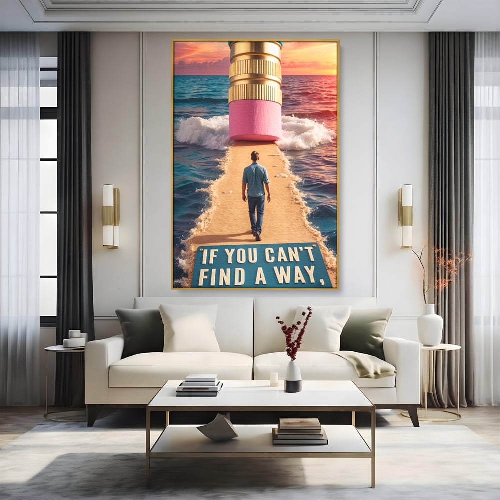 Tablou canvas cu ilustratie motivatioanala cu barbat pe carare, in rama de aluminiu auriu, pe perete intr-un living