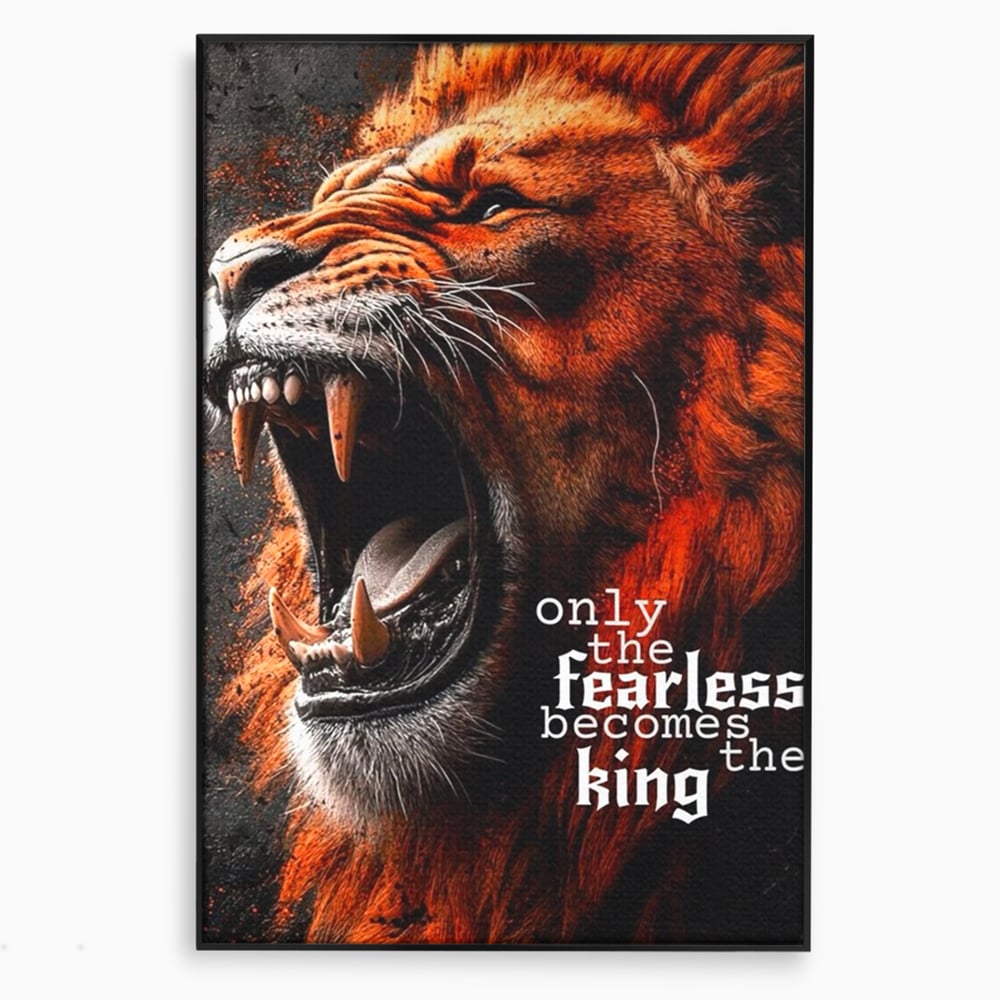 Tablou canvas cu ilustratie digitala cu leu care raguseste, in rama de aluminiu negru