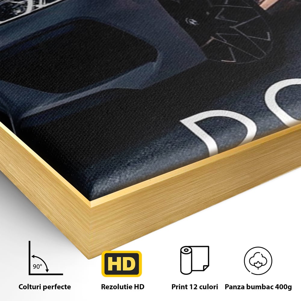 Detaliu al suprafetei: tablou canvas cu masina sport si mesaj, in rama de aluminiu auriu