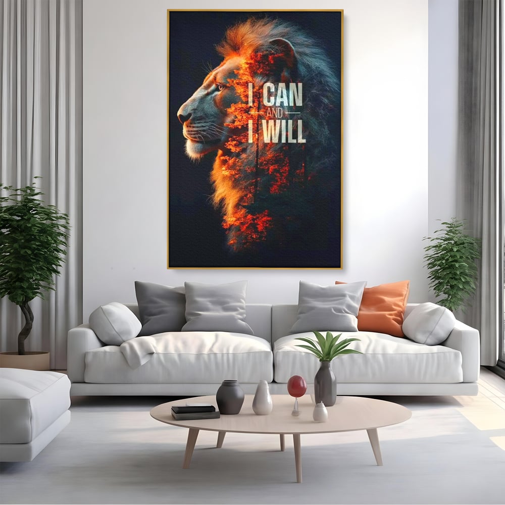 Tablou canvas cu tablou canvas cu leu si padure aprinsa, in rama de aluminiu auriu, pe perete intr-un living