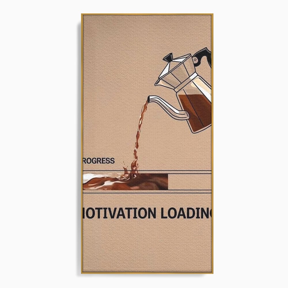 Tablou canvas cu tablou canvas cu ibric de cafea si bara de progres, in rama de aluminiu auriu