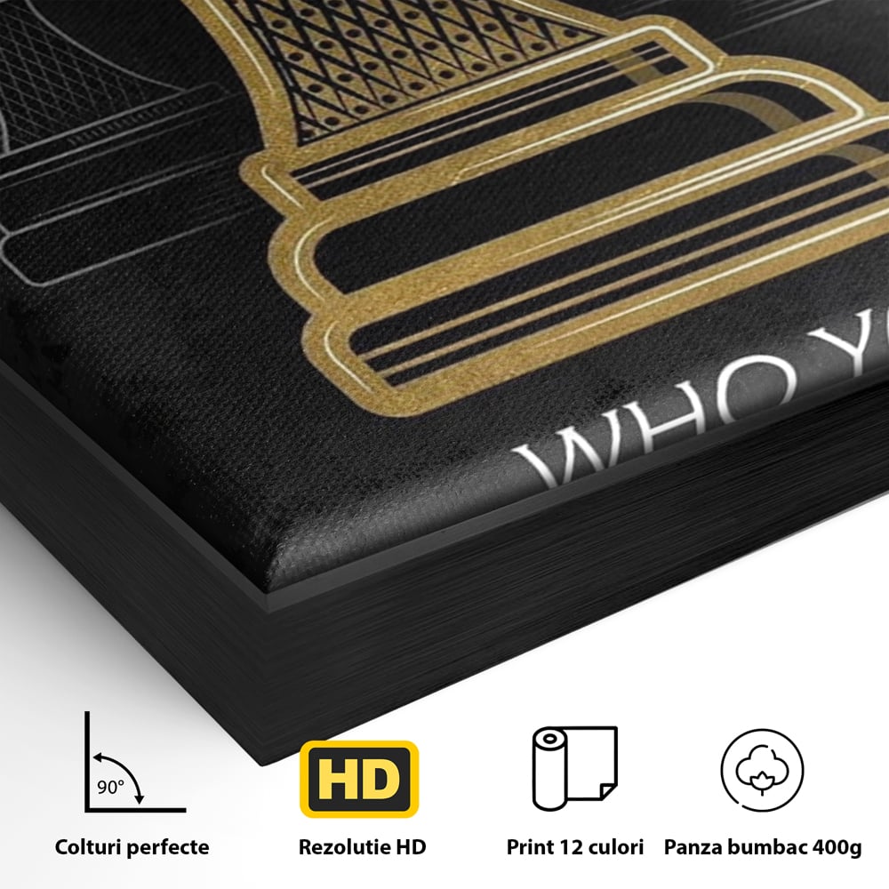 Detaliu al suprafetei: tablou canvas cu rege de sah, in rama de aluminiu negru