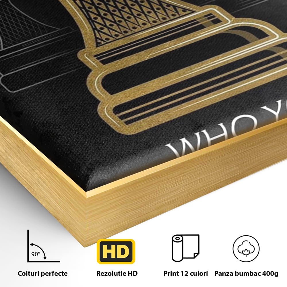 Detaliu al suprafetei: tablou canvas cu rege de sah, in rama de aluminiu auriu