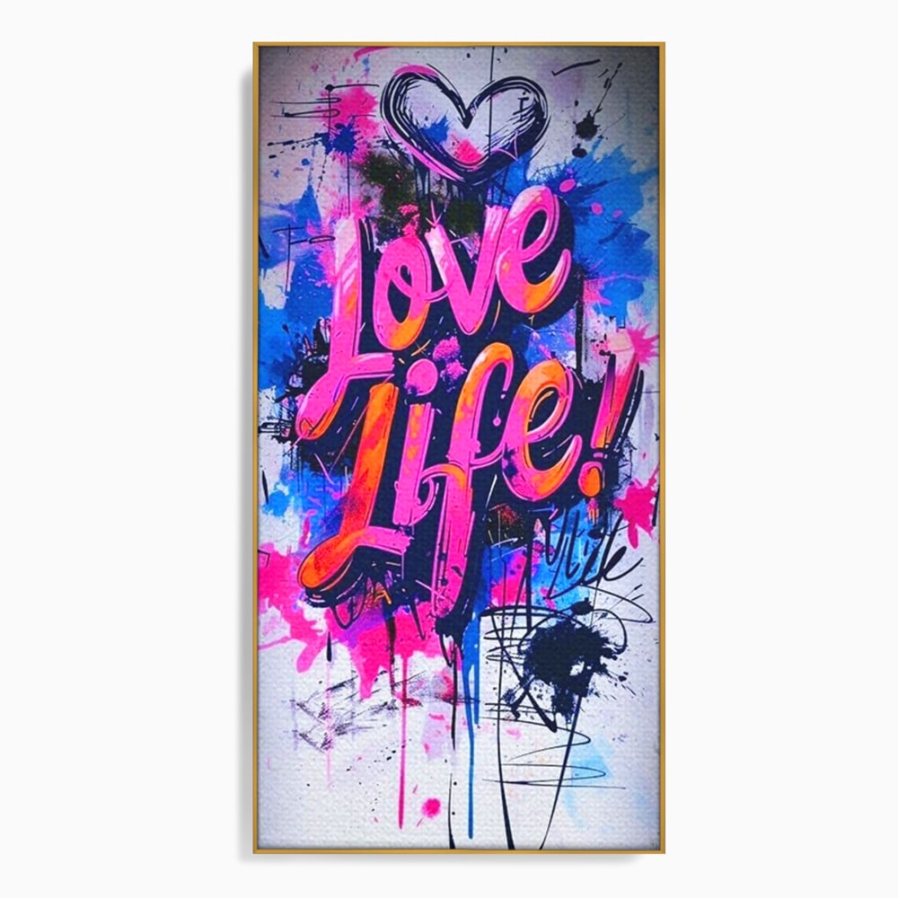 Tablou canvas cu tablou canvas cu graffiti urban iubeste viata, in rama de aluminiu auriu