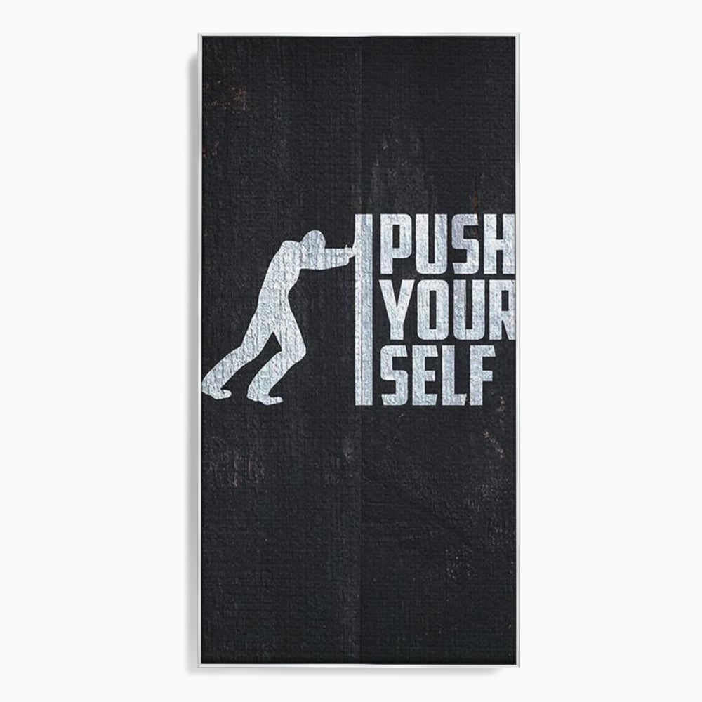 Tablou canvas cu ilustratie motivationala cu silueta care impinge un zid, in rama de aluminiu argintiu