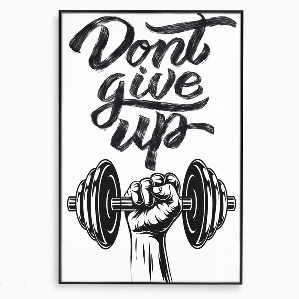 Tablou canvas cu ilustratie motivationala cu halterofil si mesaj, in rama de aluminiu negru