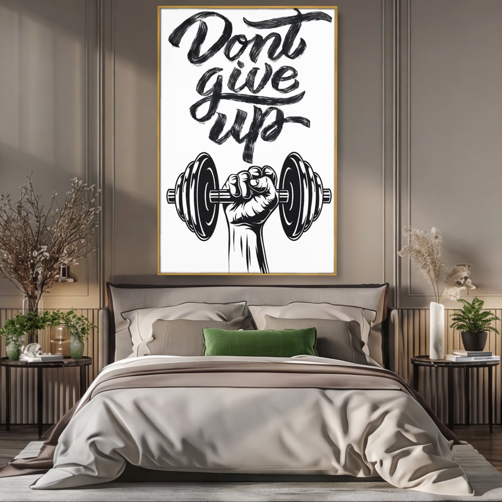 Tablou canvas cu ilustratie motivationala cu halterofil si mesaj, in rama de aluminiu auriu, pe perete intr-un dormitor