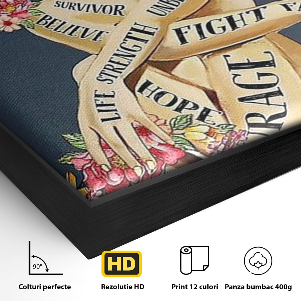 Detaliu al suprafetei: tablou canvas cu portret de femeie si flori, in rama de aluminiu negru