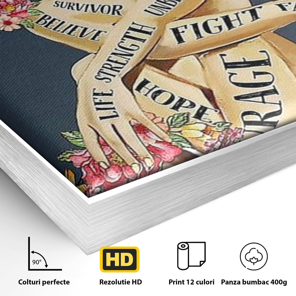 Detaliu al suprafetei: tablou canvas cu portret de femeie si flori, in rama de aluminiu argintiu