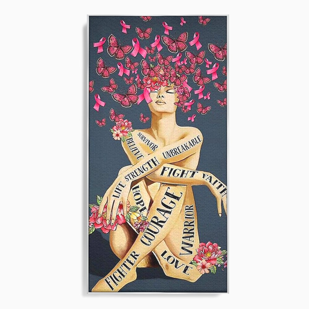 Tablou canvas cu tablou canvas cu portret de femeie si flori, in rama de aluminiu argintiu