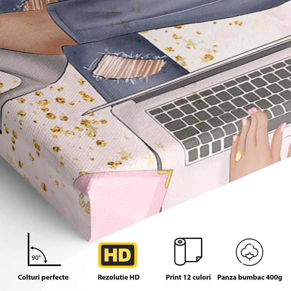 Detaliu al suprafetei: ilustratie digitala cu femeie la laptop, fara rama, pe sasiu de lemn