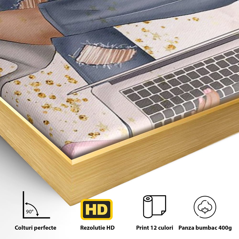 Detaliu al suprafetei: ilustratie digitala cu femeie la laptop, in rama de aluminiu auriu