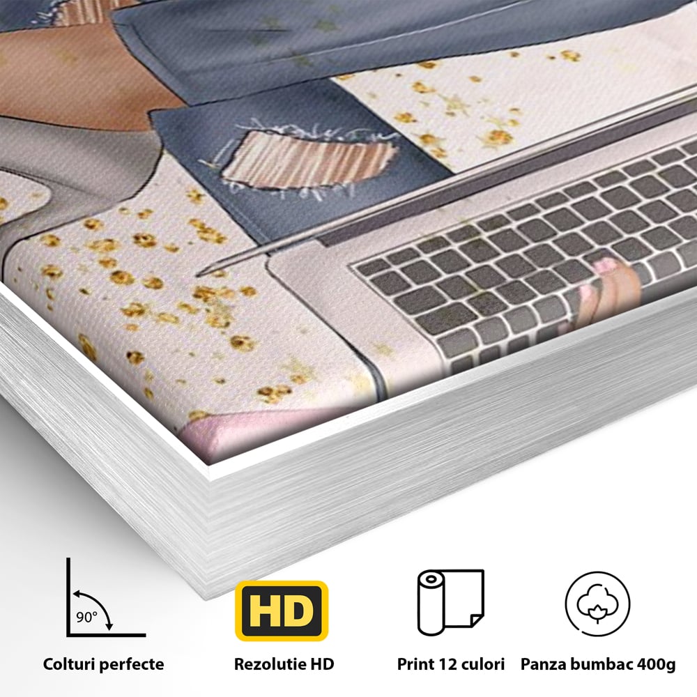 Detaliu al suprafetei: ilustratie digitala cu femeie la laptop, in rama de aluminiu argintiu
