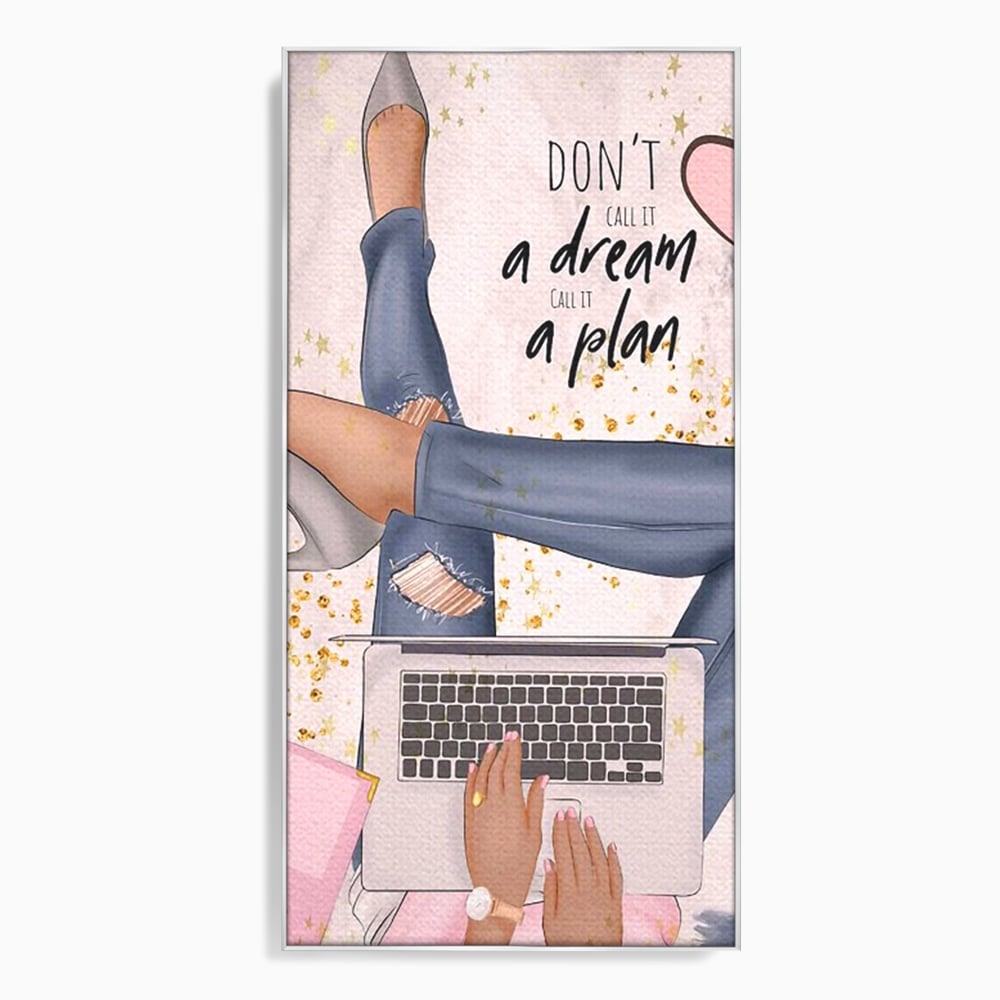 Tablou canvas cu ilustratie digitala cu femeie la laptop, in rama de aluminiu argintiu