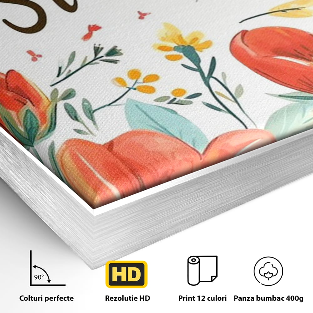 Detaliu al suprafetei: tablou motivational cu flori si soare, in rama de aluminiu argintiu