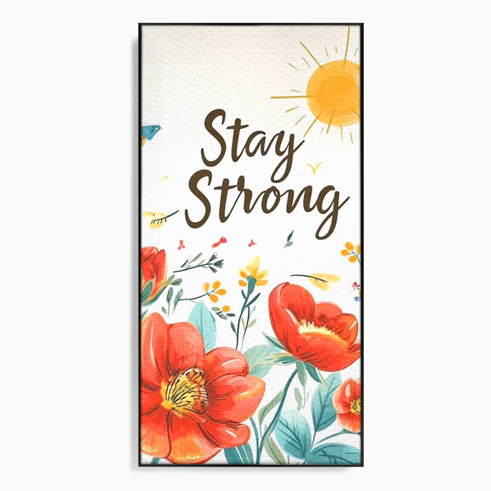 Tablou canvas cu tablou motivational cu flori si soare, in rama de aluminiu negru