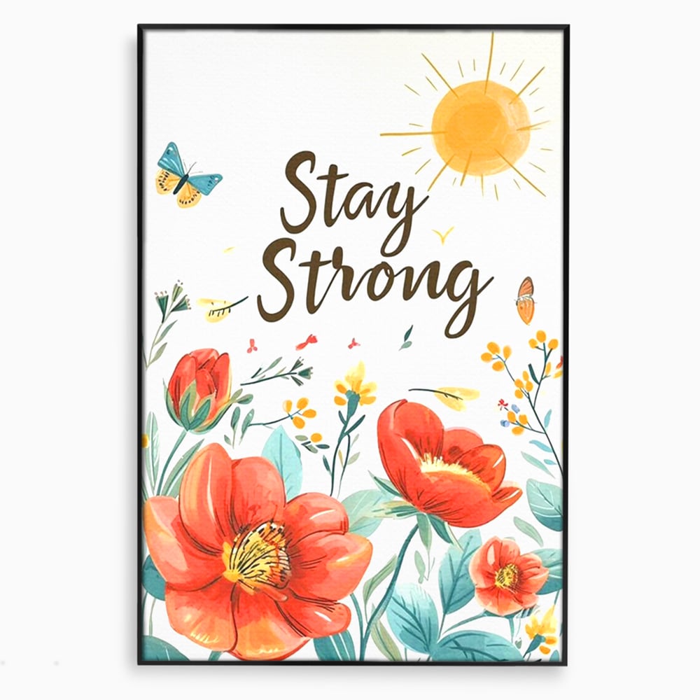 Tablou canvas cu tablou motivational cu flori si soare, in rama de aluminiu negru