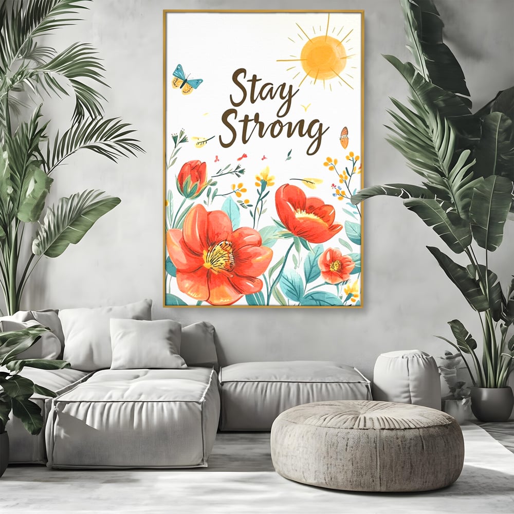 Tablou canvas cu tablou motivational cu flori si soare, in rama de aluminiu auriu, pe perete intr-un living
