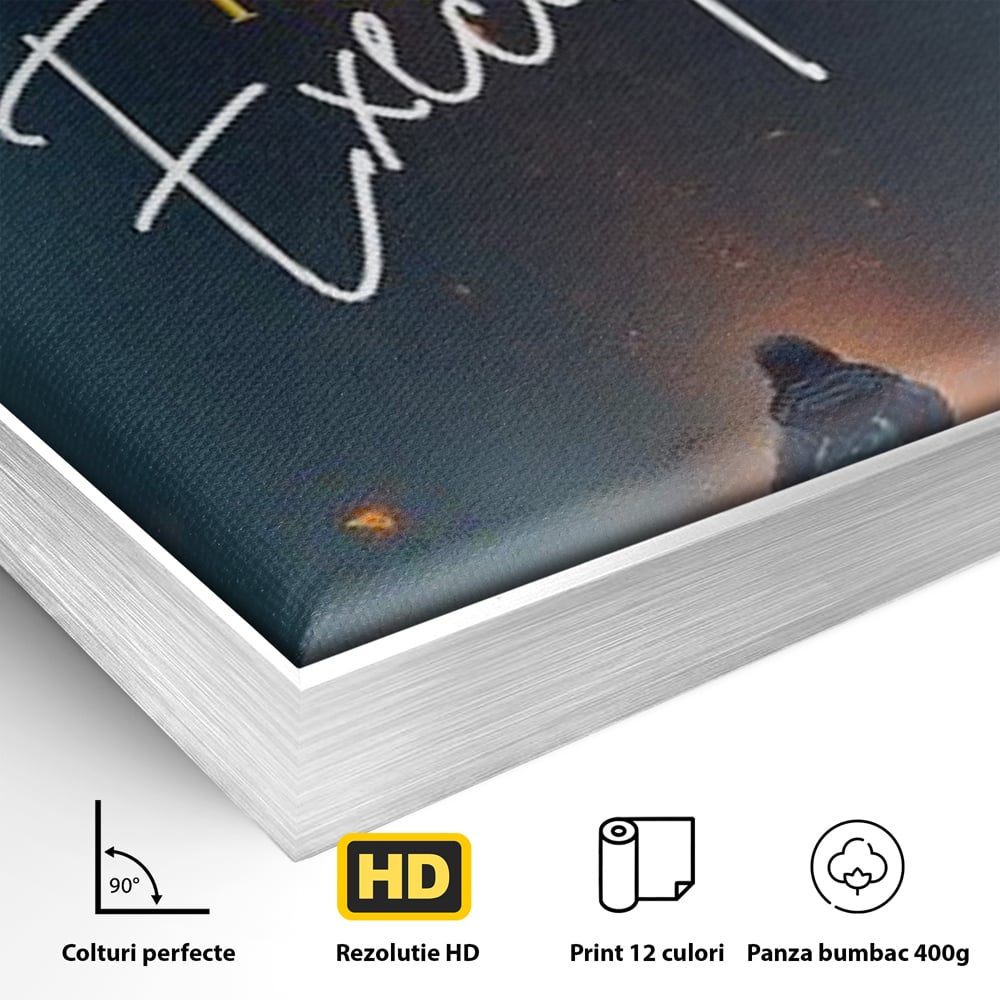 Detaliu al suprafetei: tablou canvas cu calator pe pod, in rama de aluminiu argintiu
