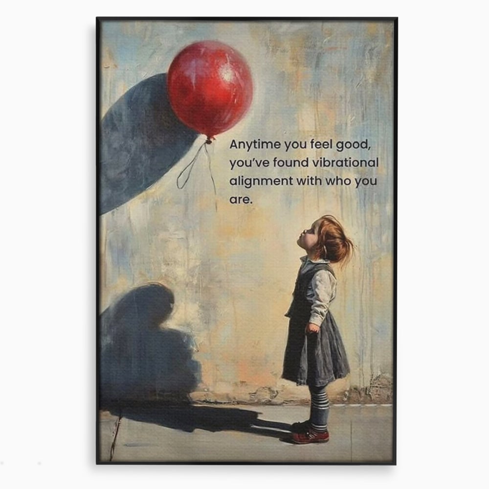 Tablou canvas cu tablou canvas cu fetita si balon rosu, in rama de aluminiu negru