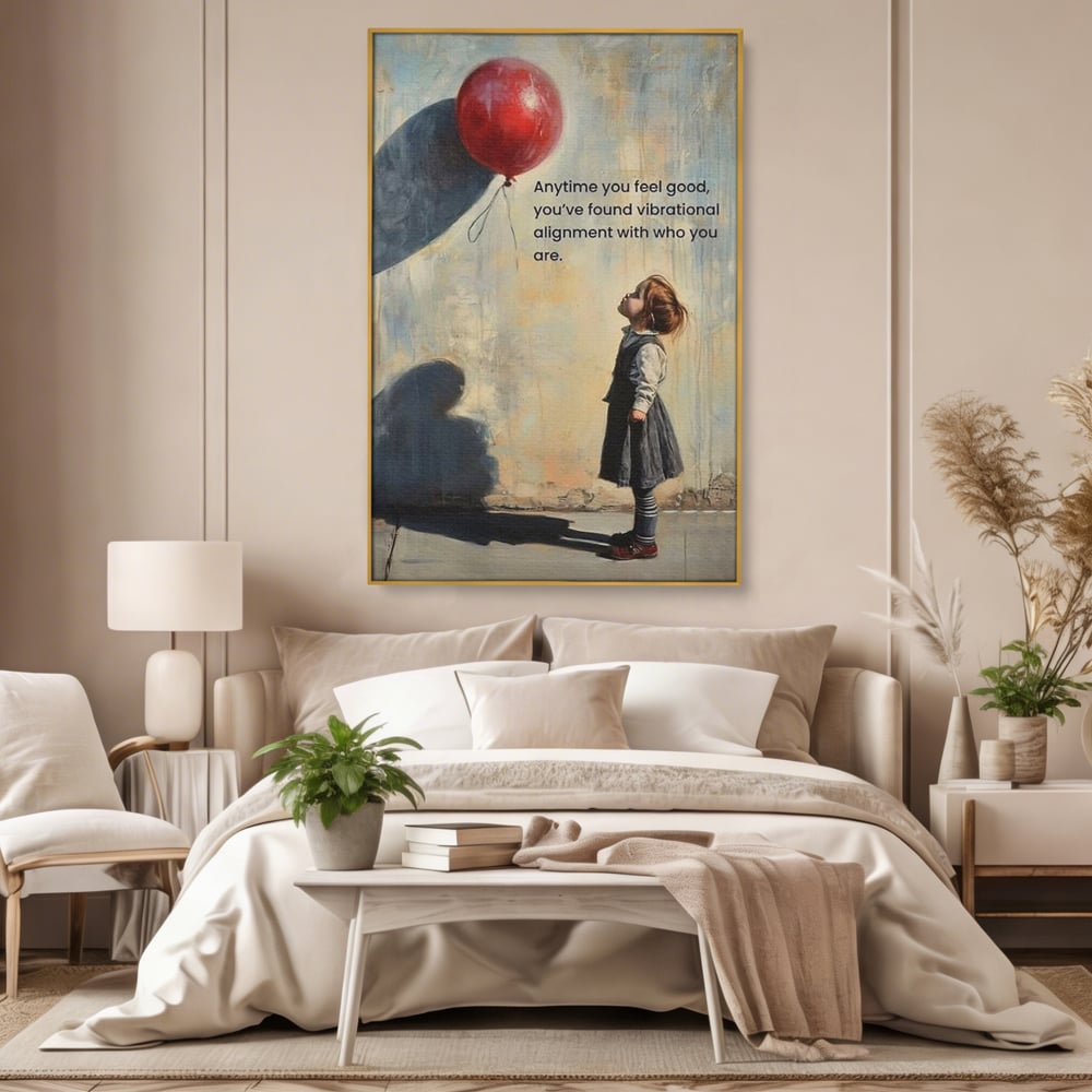 Tablou canvas cu tablou canvas cu fetita si balon rosu, in rama de aluminiu auriu, pe perete intr-un dormitor