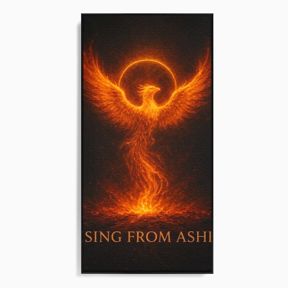 Tablou canvas cu ilustratie digitala cu pasarea phoenix din flacari, in rama de aluminiu negru