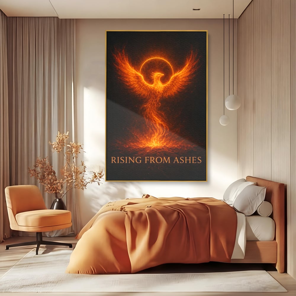 Tablou canvas cu ilustratie digitala cu pasarea phoenix din flacari, in rama de aluminiu auriu, pe perete intr-un dormitor