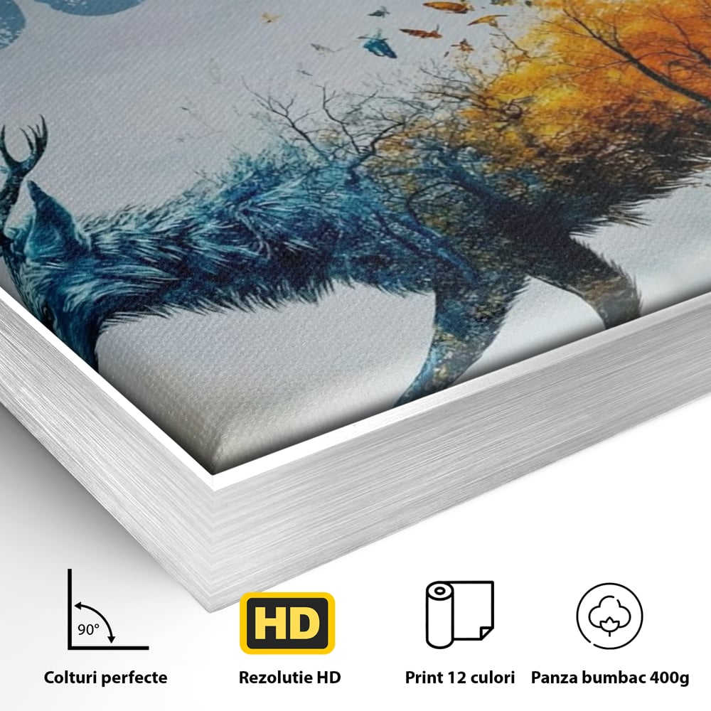 Detaliu al suprafetei: tablou canvas cu cerb si padure, in rama de aluminiu argintiu