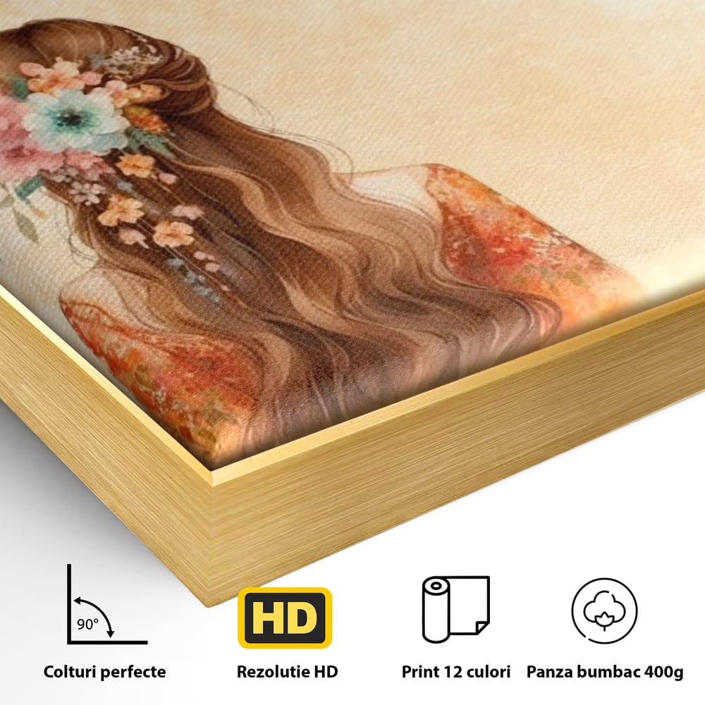 Detaliu al suprafetei: tablou canvas cu femeie si flori, in rama de aluminiu auriu