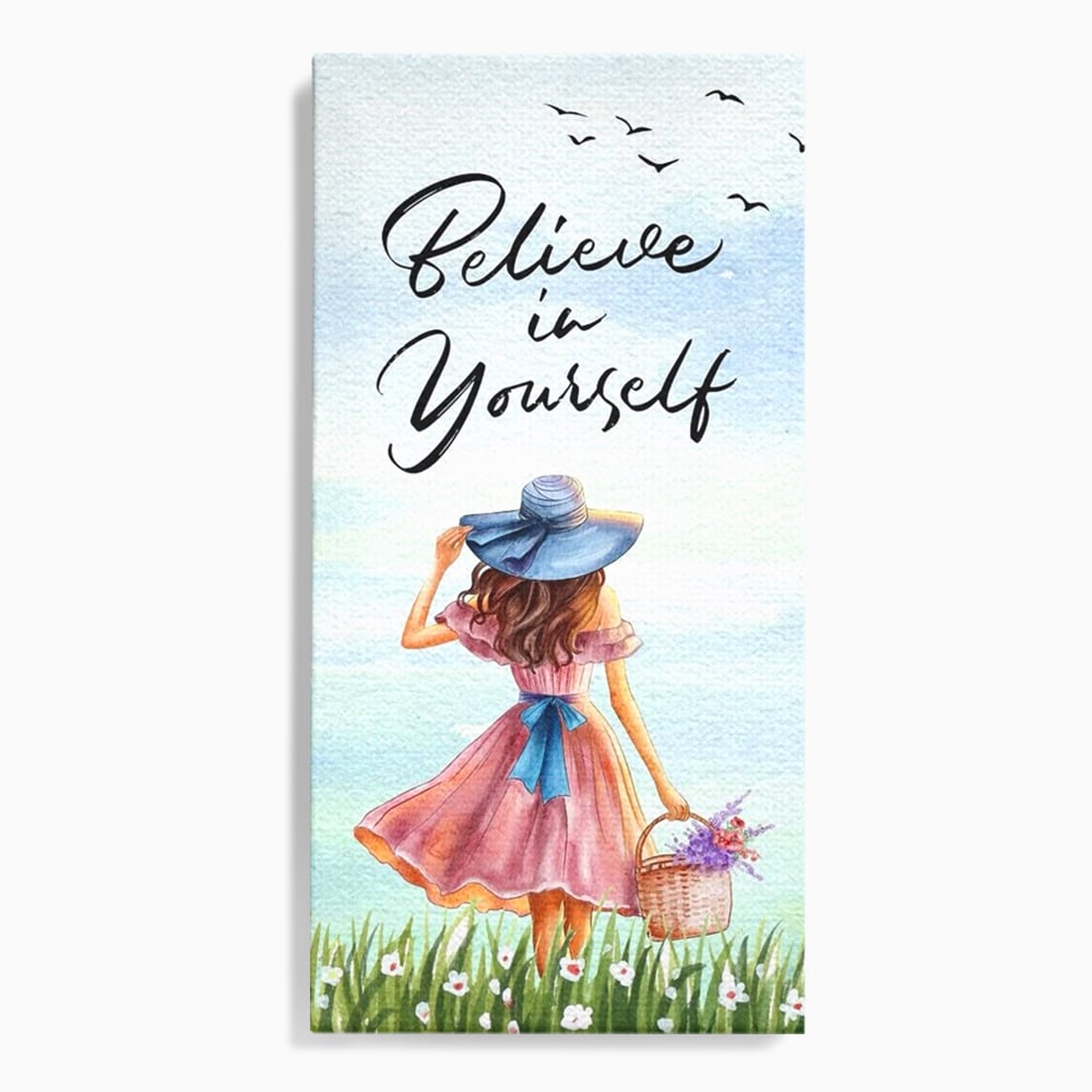 Tablou canvas cu ilustratie cu femeie si mesaj motivational, fara rama, pe sasiu de lemn