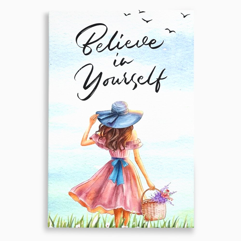Tablou canvas cu ilustratie cu femeie si mesaj motivational, fara rama, pe sasiu de lemn
