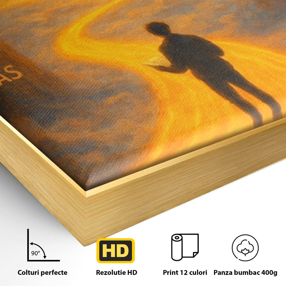 Detaliu al suprafetei: tablou canvas cu silueta pe drum luminos, in rama de aluminiu auriu