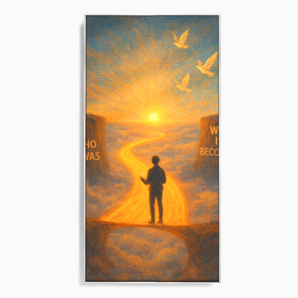 Tablou canvas cu tablou canvas cu silueta pe drum luminos, in rama de aluminiu argintiu