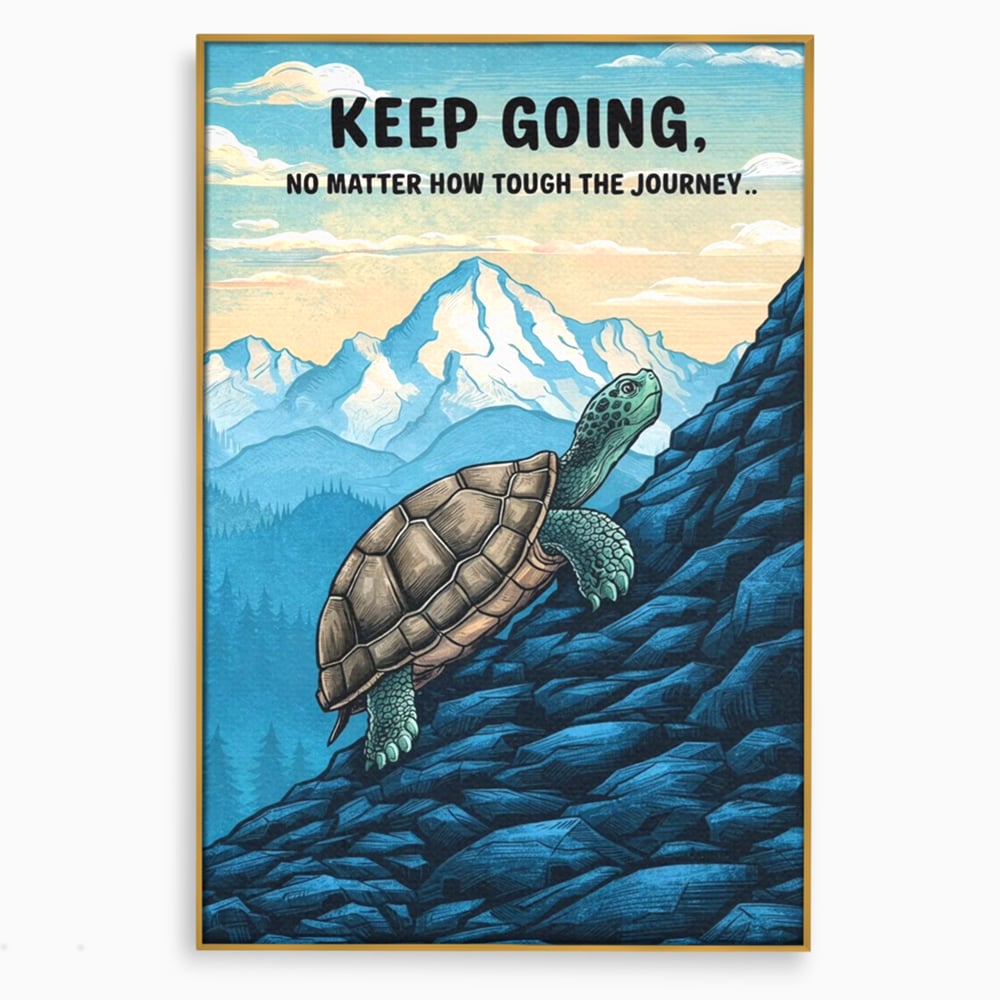 Tablou canvas cu ilustratie motivationala cu testoasa pe munte, in rama de aluminiu auriu
