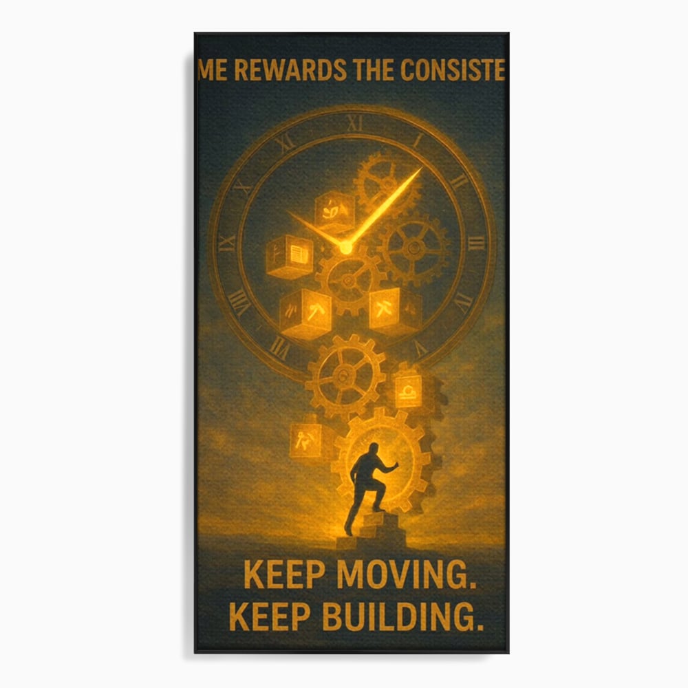 Tablou canvas cu ilustratie motivationala cu ceas si angrenaje, in rama de aluminiu negru
