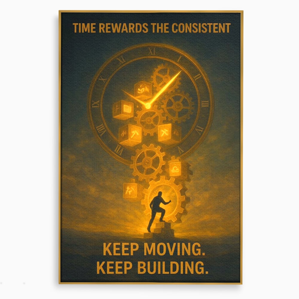Tablou canvas cu ilustratie motivationala cu ceas si angrenaje, in rama de aluminiu auriu