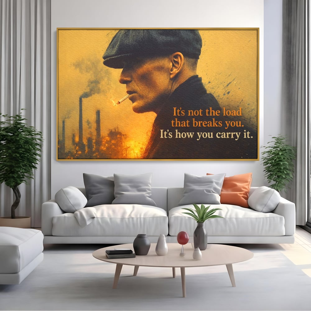 Tablou canvas cu tablou canvas cu personaj si mesaj motivational, in rama de aluminiu auriu, pe perete intr-un living