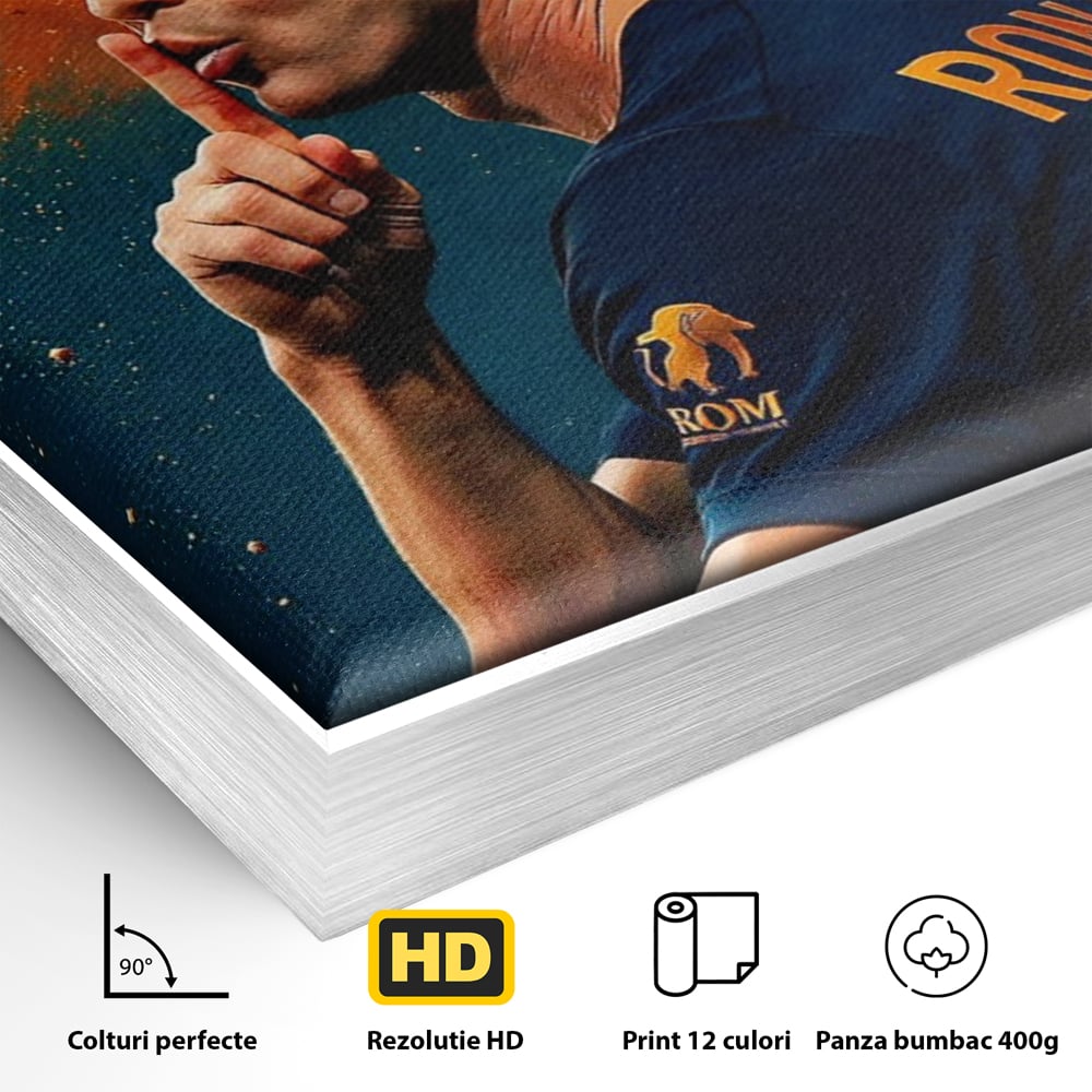 Detaliu al suprafetei: tablou motivational cu portretul lui ronaldo, in rama de aluminiu argintiu