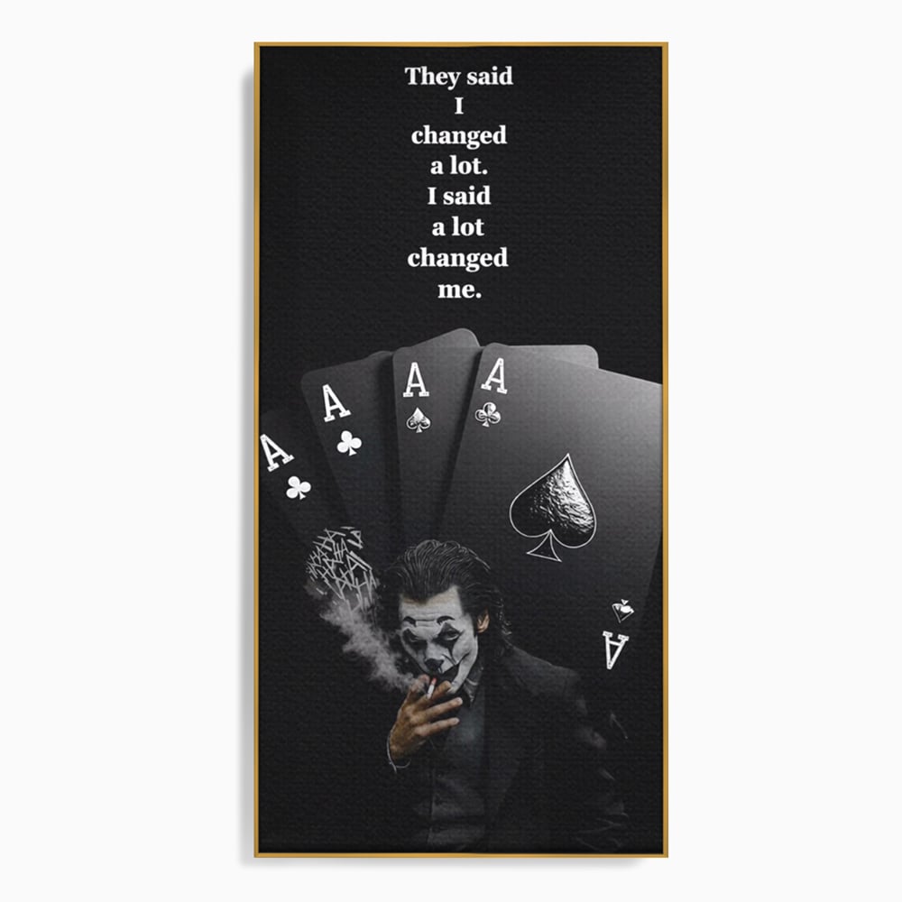 Tablou canvas cu tablou motivational cu joker si carti de joc, in rama de aluminiu auriu