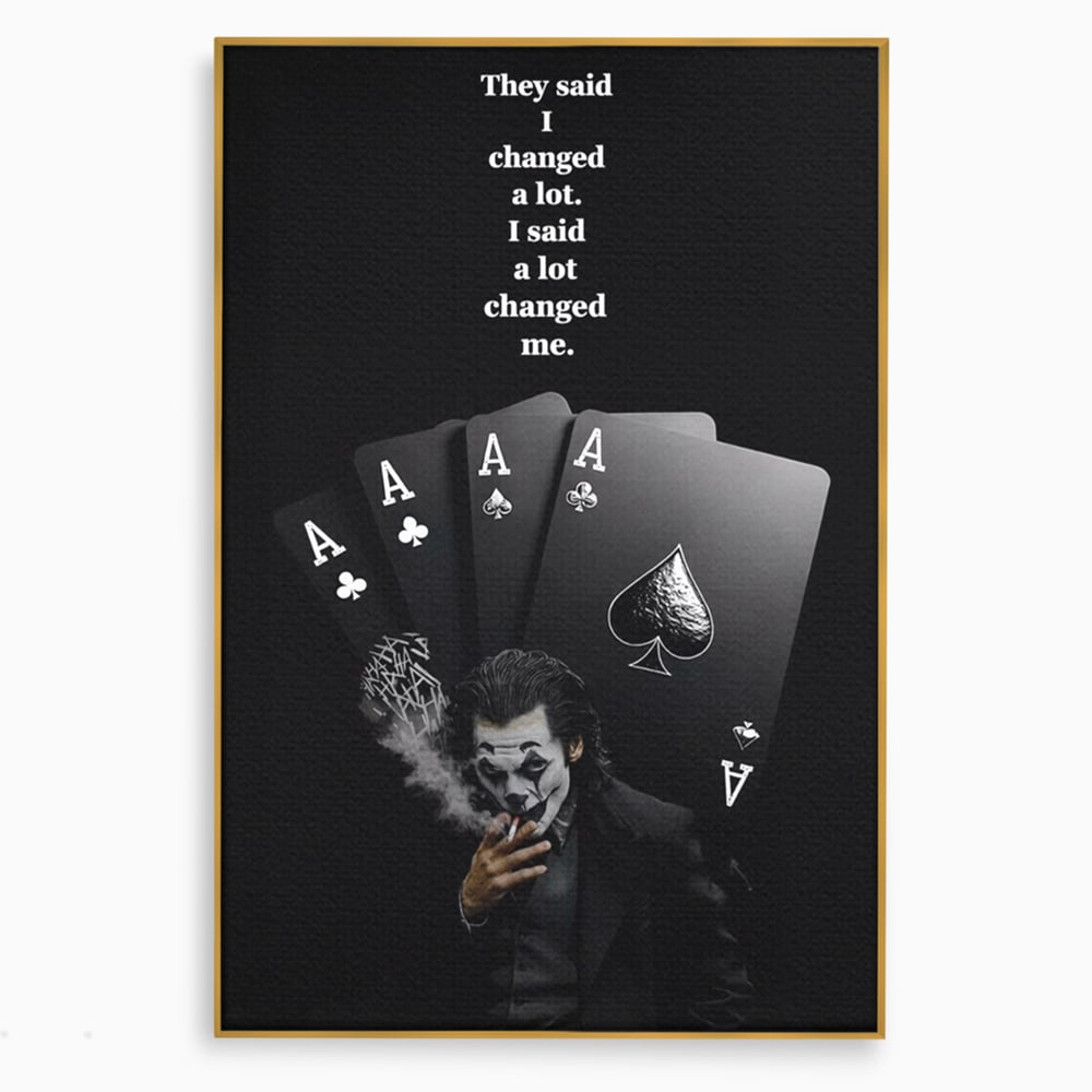 Tablou canvas cu tablou motivational cu joker si carti de joc, in rama de aluminiu auriu