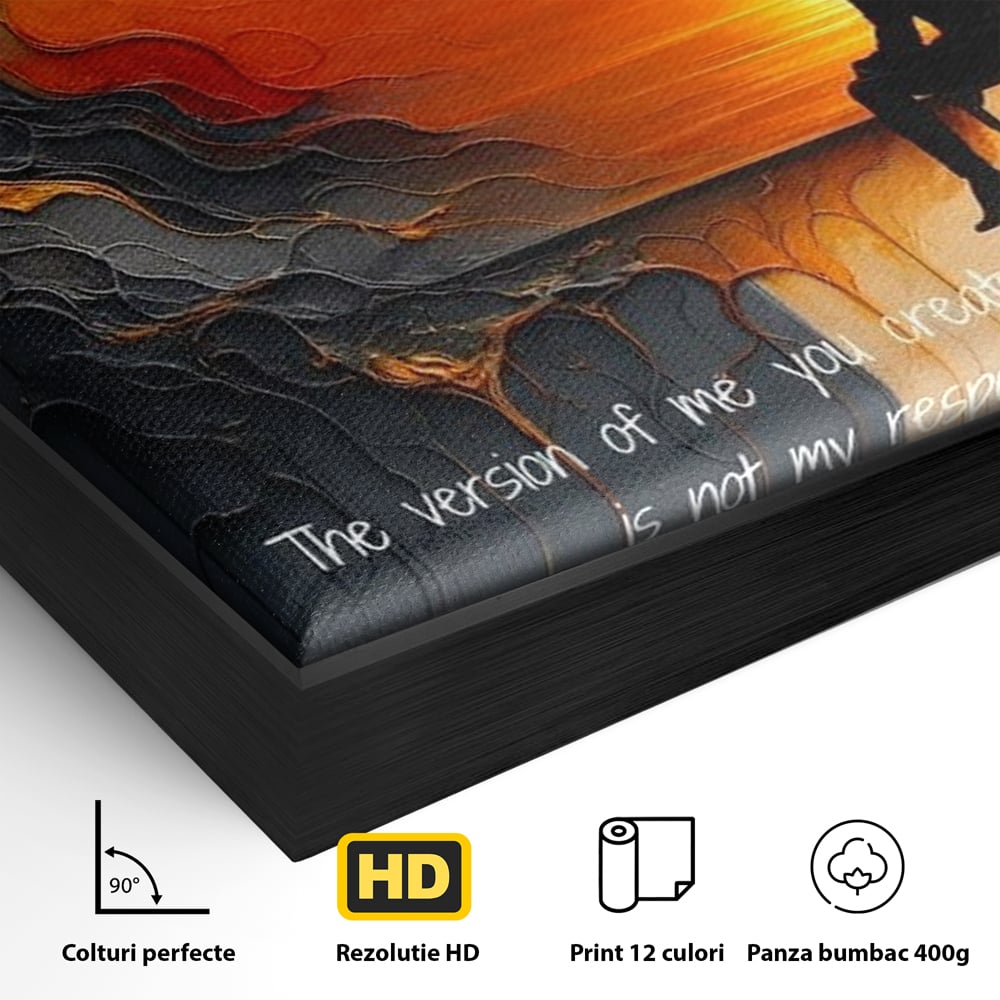 Detaliu al suprafetei: tablou canvas cu silueta pe fundal de apus, in rama de aluminiu negru